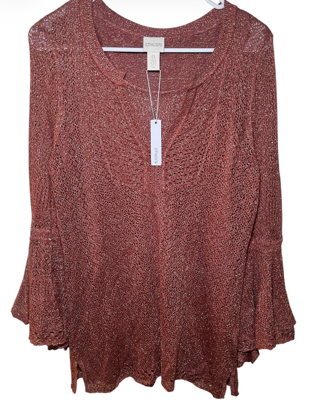 Chico's Rust Knit Bell-Sleeve Women's Top Layered Fall Casual Festival Boho Chic